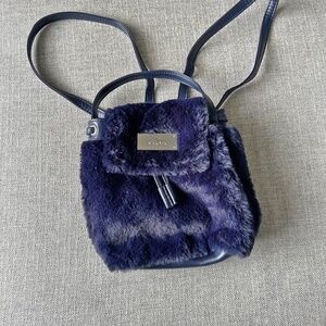 Swarovski faux fur mini backpack purse handbag, dark blue, adjustable straps